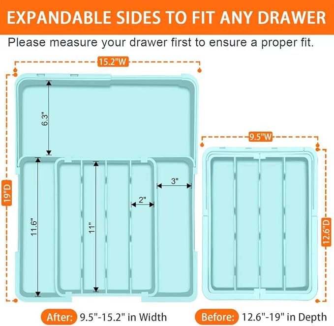 Silverware Organizer - Expandable Silverware Drawer Organizer Adjustable Drawer Organizer, Silverware Tray for Drawer15.2"x 19" Cutlery Drawer Organizer, Kitchen Organizers Storage, Turquoise - Image 2