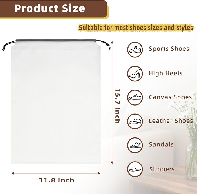LazyMe Frosted Shoe Bags for Travel, 11.8 x 15.7 Inch, 100 Pack | Waterproof Drawstring Shoe Bags, Shoe Storage and Packing Bags, Bulk Travel Essentials for Men and Women - Image 2