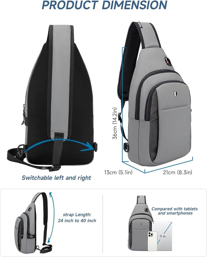 Anti-Theft Sling Bag for Men&Women, Water Resistant Lightweight Crossbody Bag Small Backpack, Built-in Audio Port, Reversible Strap, Travel Hiking Chest Daypack Fits 11 inch iPad & Switch 2 - Image 6