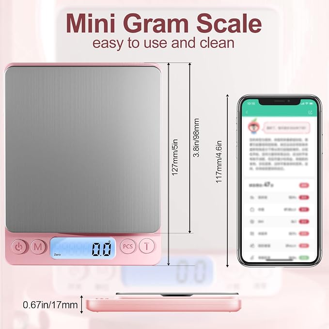 Digital Food Scale for Food Ounces and Grams，YONCON 3000g/0.1gram Accuracy Multifunctional Kitchen Scale for Cooking, Baking | Small Size for Easy Storage | Tare Function, Pink - Image 3