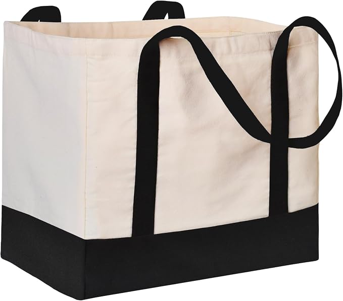 Large Canvas Tote Bag for Women, Shopping Bags for Groceries with Pockets | 14.6 x 10.2 x 13 in Holds 60 lbs Washable Eco-friendly Tote Bags for Shopping/Picnics/Beach/Laundry, Off White+Black 1 Pack by CNaiyunpin