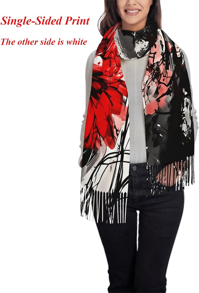 IBILIU Oversize Scarf for Women Floral Flower Purple Prune Color Scarf Tassel Scarves Fall Winter Shawl Wraps - 77.6 x 28.3in - Image 2