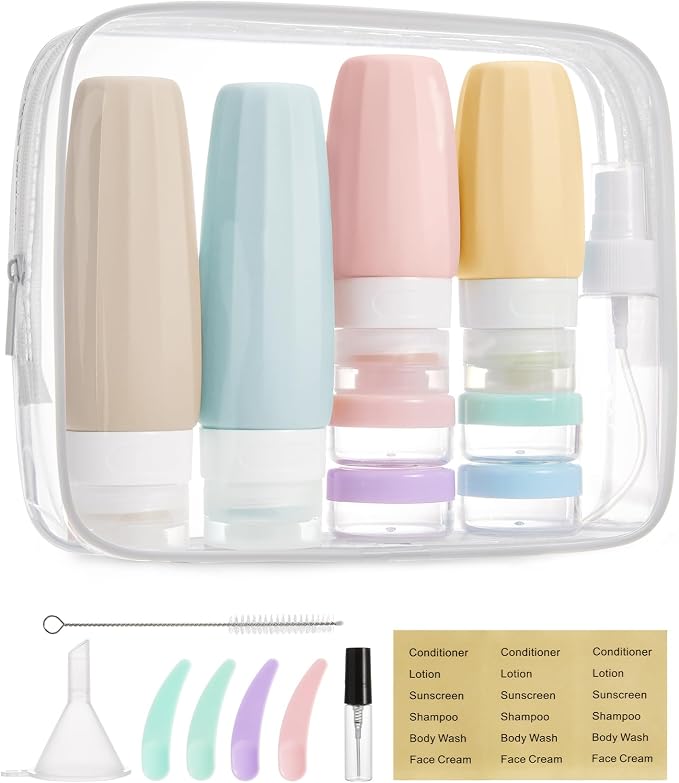 BAGSMART 18 Pack TSA Approved Travel Bottles for Toiletries, Leak Proof Silicone Travel Size Containers Bottles for Shampoo, Soft Pastel by BAGSMART