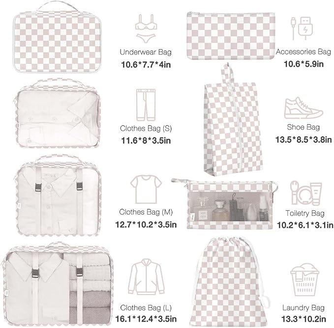 8 Set Packing Cubes for Suitcases, Packing Cubes with Shoe, Cosmetics, Clothing, Accessories Bags for Travel Luggage Organizer Women Men(Light Pink Checkered) - Image 2