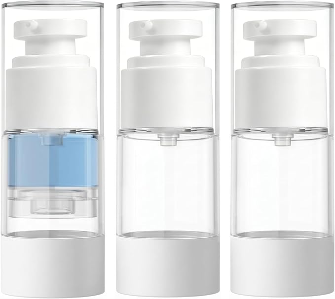 Clear Airless Pump Bottles, Vacuum Travel Cosmetic Containers | 0.5OZ/15ML 3Pack Lotion Dispenser Pump Bottles; For Cream, Foundation & Skincare Cosmetics; With Labels & Wooden Sticks by GIVITASOT