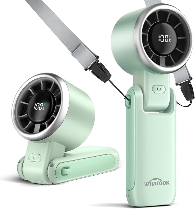 WHATOOK Portable Handheld Turbo Fan: 12m/s Strong Wind 15000RPM Mini Fan, 4000mAh Battery Rechargeable Personal Fan with LED Display, 3 in 1 Foldable Small Fan for Camping Beach Travel, Mint Green by FashionCaring-MakeitYours