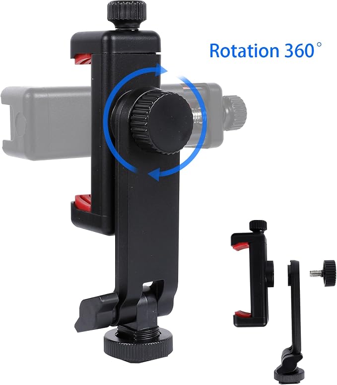 Phone Tripod Mount Adapter, with Cold Shoe&1/4" Hole for Tripod/Selfie Stick/Camera Stand, 360° Rotates Adjustable Phone Clip Clamp Holder for iPhone/Samsung/All - Image 2