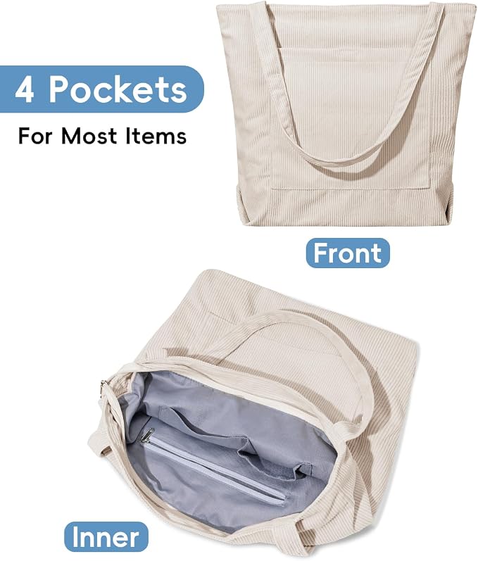 Iioscre Corduroy Tote Bag for Women,Hobo HandBags with Zipper | Large Capacity Casual Shoulder Bag with Inner Pockets for Shopping Work Daily Travel. - Image 5