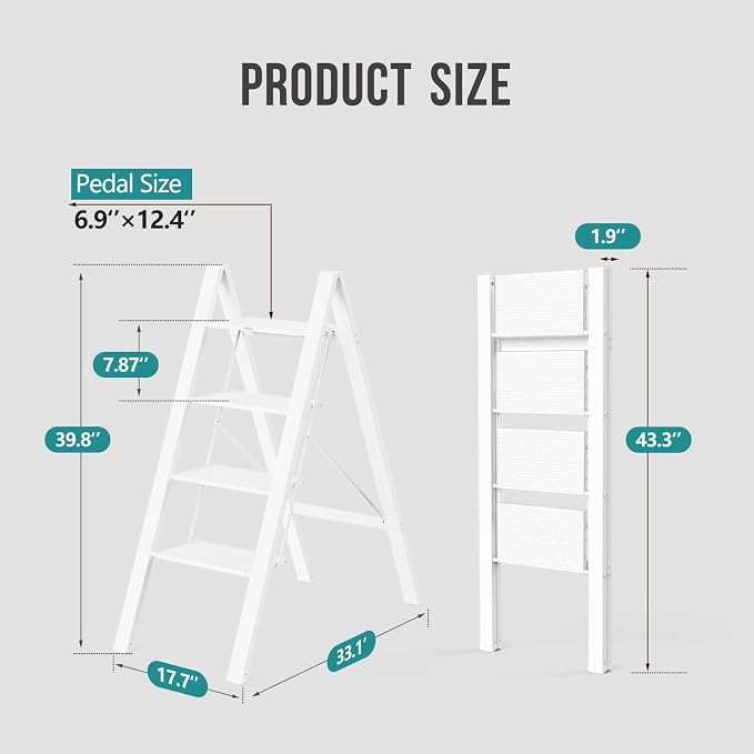 4 Step Ladder, Foldable Step Stool, 300lbs Load, White | Folded 43''H x 2''T; Net 9.9 lbs; Rigid Aluminum Steps; No Assembly; For Home, Kitchen, Office, Pantry, Closets, Cabinets - Image 6