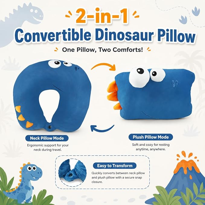 Travel Pillow for Kids & Adults Car Neck Pillow Memory Cotton U-Shaped Neck Pillow Soft Head Support Travel Accessories for Airplane Car Train Bus (Dinosaur) - Image 2