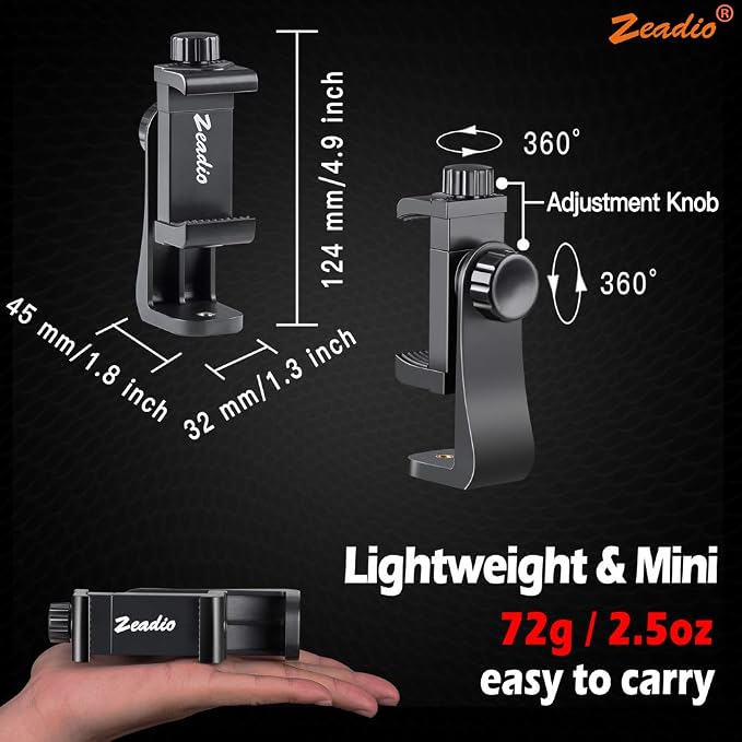 Zeadio Tripod Smartphone Mount, Cell Phone Holder Adapter, Selfie Stick Monopod Adjustable Clamp, Vertical and Horizontal Swivel Bracket, Fits for iPhone, Samsung, Huawei and All Phones - Image 3
