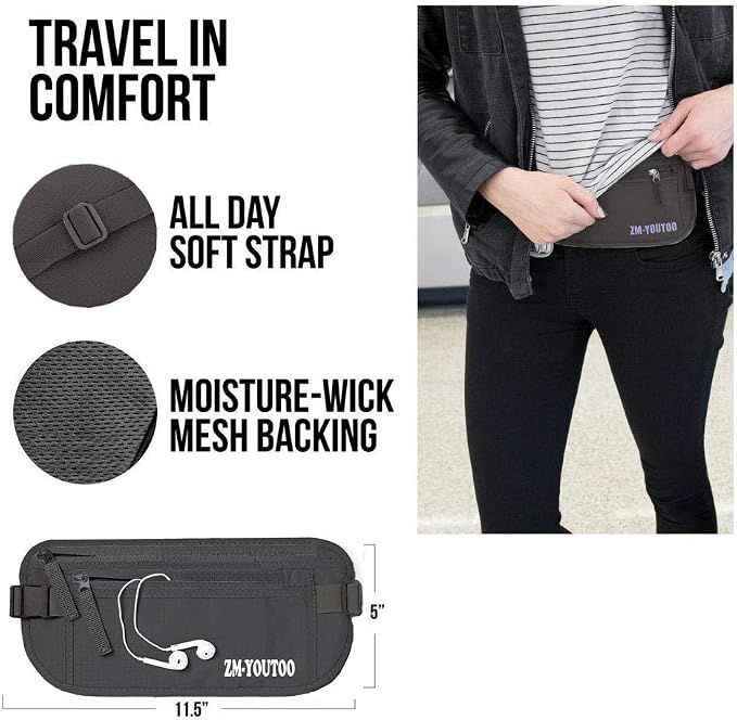 ZM-YOUTOO Money Belt for Travel - Hidden Travel Pouch Protect Your Credit and Money With RFID Blocking Passport Holder Waist Wallet (gray) - Image 5