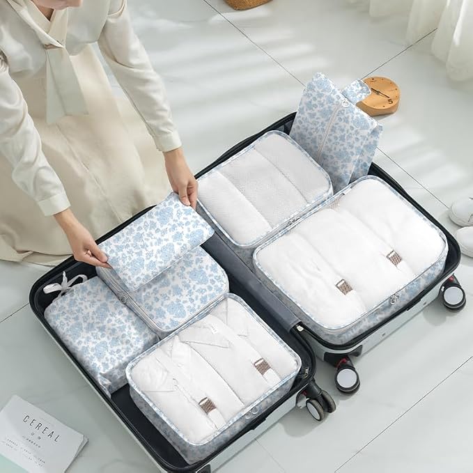 8 Set Packing Cubes for Suitcases,Packing Cube with Shoe, Cosmetics, Clothing, and Accessories Bags Packing Cubes for Travel Luggage Organizer Women Men(Blue Flowers) - Image 7
