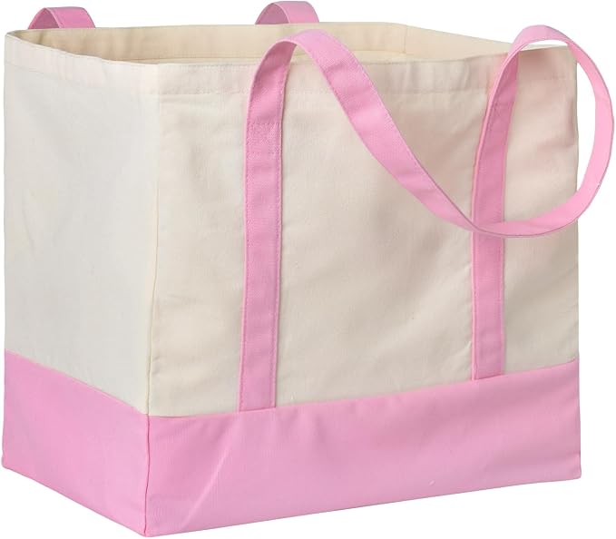 1-Pack Heavy Duty Canvas Reusable Grocery Bags, 8.3 Gal Foldable Large Tote with Handles, Washable Eco-friendly Bags with 5 Pockets, (Pink/Beige) by CNaiyunpin