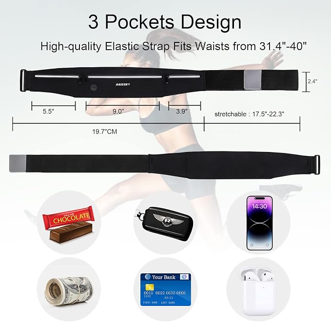 GUZACK Slim Running Belt for Phone 6.8'', Ultra Light Running Belts for Women/Men, Zipper Waterproof Running Waist Pack, Reflective Running Fanny Pack With 3 Separate pouch | Lightweight, Breathable, Waterproof Zipper, Fits All Phones, Running Phone Ho... - Image 2
