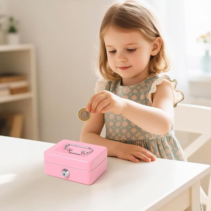 Jssmst Small Cash Box with Lock and Slot, Metal Coin Piggy Bank for Adults and Kids, Pink Locking Money Box - Image 9