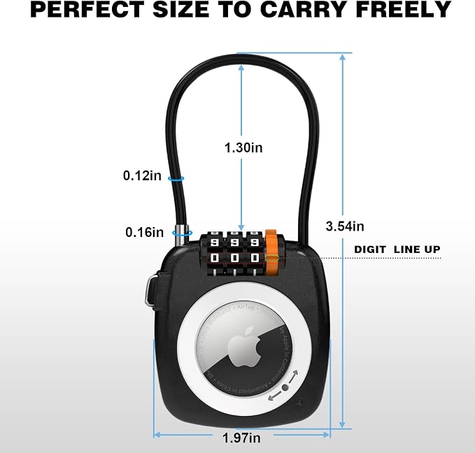 Airtag Keychain Holder with 3 Digit Combination Lock for Luggage, Suitcase, Backpack, Lockers, Travel Luggage Locks, Resettable Cable Lock with Zinc Alloy Body(Black) - Image 7