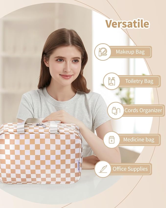 Narwey Large Travel Toiletry Bag Women, Checkered Makeup Bag with Handle, Portable Make up Cosmetic bag Organizer, Travel Bag for Toiletries, Skincare, Medicine, Essentials (Light Checkerboard, Large) - Image 7