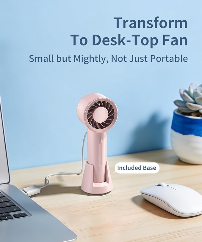 Mini Portable Fan, 3 Speed Handheld Fan with Desktop Base, USB Rechargeable [13H Max Cooling Time], Small Personal Hand Fan Travel Essentials for Women Girls Kids Lash Makeup, Pink - Image 4