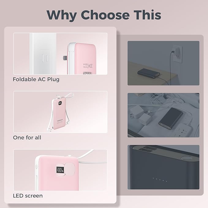 Portable Charger with Built in Cables,TESSAN 10000mAh Power Bank Fast Charging with Foldable Wall Plug Charger, PD20W Compact Battery Pack Travel Essentials for iPhone 17/16/15 Series,Samsung,Tablets | PD20W USB C Fast Charging with Foldable AC Outlets... - Image 4
