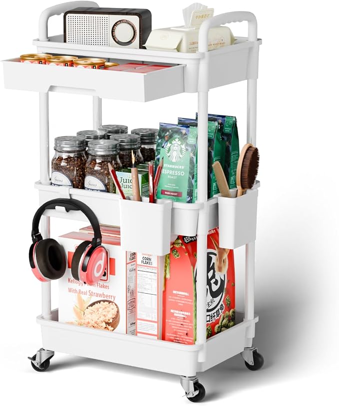 Sorgion 3 Tier Rolling Cart Organizer,Laundry Room Bathroom Organizers and Storage Office Shelves Mobile Shelving Unit Kitchen Trolley Cart with Wheels for Art,Craft,Diaper,Bedside,Snack(White) by Sorgion
