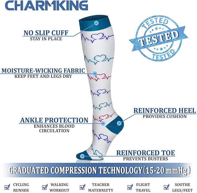 CHARMKING 6 Pairs-Compression Socks for Women & Men Circulation Best Support for Nurses, Running, Athletic,Flight Travel - Image 4