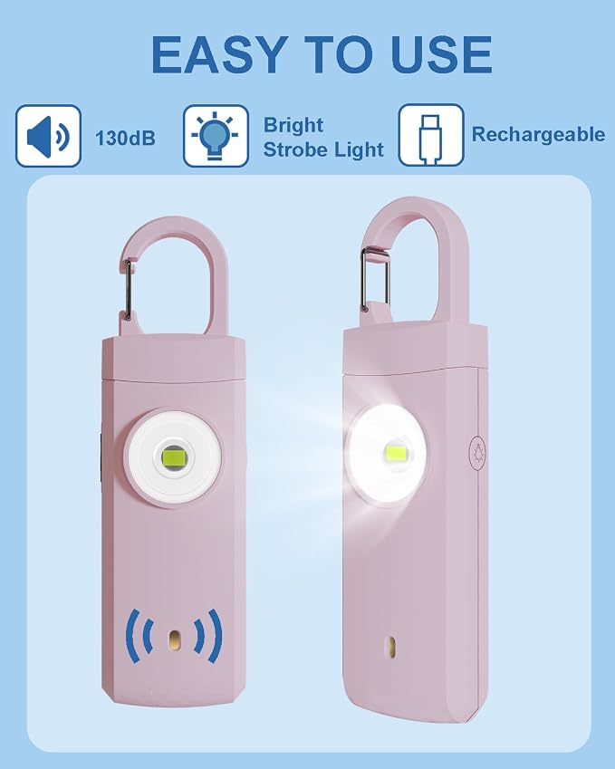 Rechargeable Personal Safety Alarm for Women, Loud Siren Birdie Sound, Strobe SOS LED Light, USB Charging, Be Safe with Personal Alarm Self Defense Keychain for Wife, Daughter, Student (PINK) - Image 2