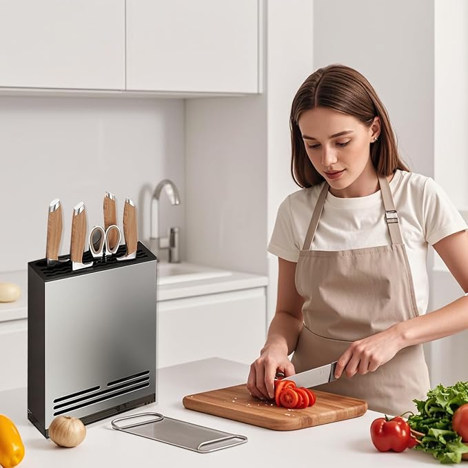 Magnetic Universal Knife Block Holder, Magnetic Aluminum Knife Holder for Refrigerator with Slots for Scissors and Sharpening Rod Storage Stand Display Unique Slot Design to Protect Blade - Image 4