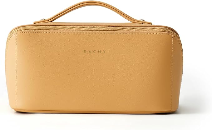 EACHY Travel Makeup Bag for Women, Flat Open Cosmetic Bag, Yellow, Medium | PU leather organizer with flat-open access, storage pockets and clear TPU brush compartment for daily makeup and toiletries - Image 5