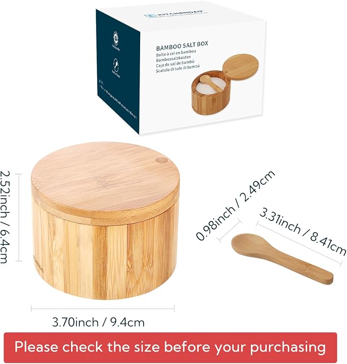 KITCHENDAO Bamboo Salt Cellar Bowl Box Container with Built-in Spoon, Elegant Kitchen Salt Dish Holder Saver Jar with Swivel Magnetic Lid to Storage Pepper Spice, 6OZ - Image 6