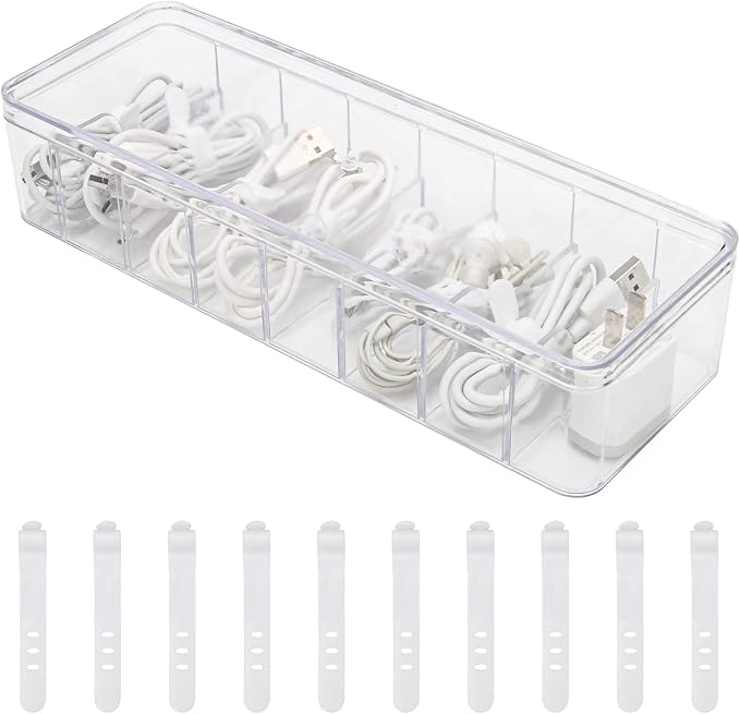 Cable Organizer Storage Box Plastic Cable Cord Management Box Power Cord Organizer Case with 10Pcs Rubber Ties for Office, Home, Desk Accessories Storage Stationery Supplies by WIWAPLEX