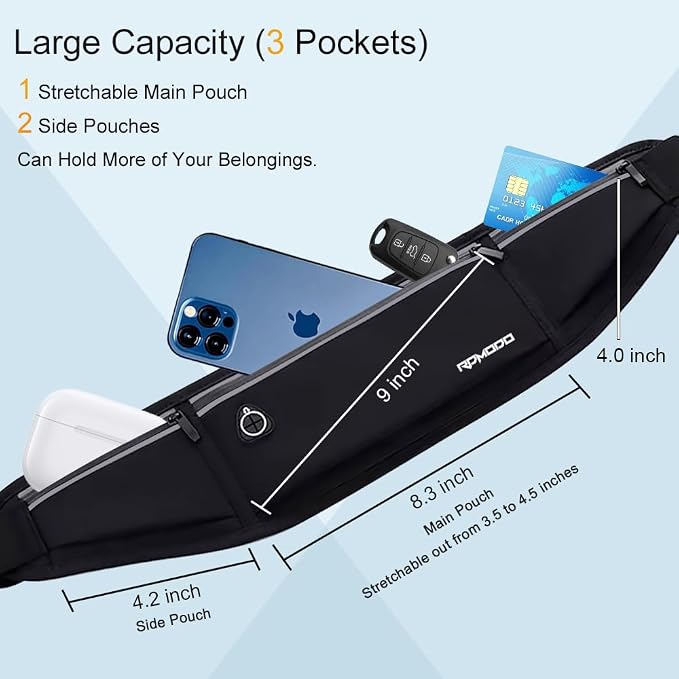 Slim Running Belt, Water Resistant Fanny Pack for Women Men, Black | 3 Pockets, Phone Holder for Running Walking Cycling, Adjustable & Reflective, Waist Bag for iPhone 17 16 15 Pro Max Samsung - Image 3