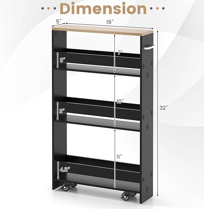 COSTWAY Slim Rolling Storage Cart, 4-Tier Rolling Utility Cart, Wood Kitchen Storage Cart with Handle & Wheels, Narrow Rolling Shelving Unit for Kitchen Bathroom Laundry Small Places (Dark) - Image 6