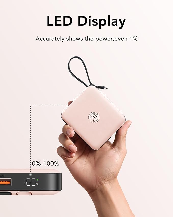 VRURC Portable Charger for iPhone Built-in Cables, 22.5W USB C Fast Charging 10000mAh Pocket Power Bank, Battery Pack for iPhone 17/16/15 & Samsung Galaxy Android Phone, Pink(1 Pack) - Image 8