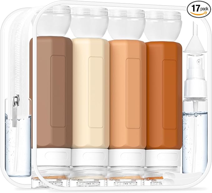 Redfly 17 Pack Travel Bottles for Toiletries, Tsa Approved 3oz Travel Size Containers, Leak Proof Travel Size Toiletries Bottles Silicone, BPA Free Refillable Shampoo Conditioners Kits, Apricot by Redfly