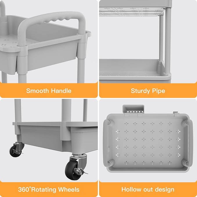 3 Tier Rolling Utility Cart with Handle,REBECAT Utility Cart Made of Multifunctional Storage Organizer Tool for Kitchen,Bathroom,Living Room,Office(Gray) - Image 2