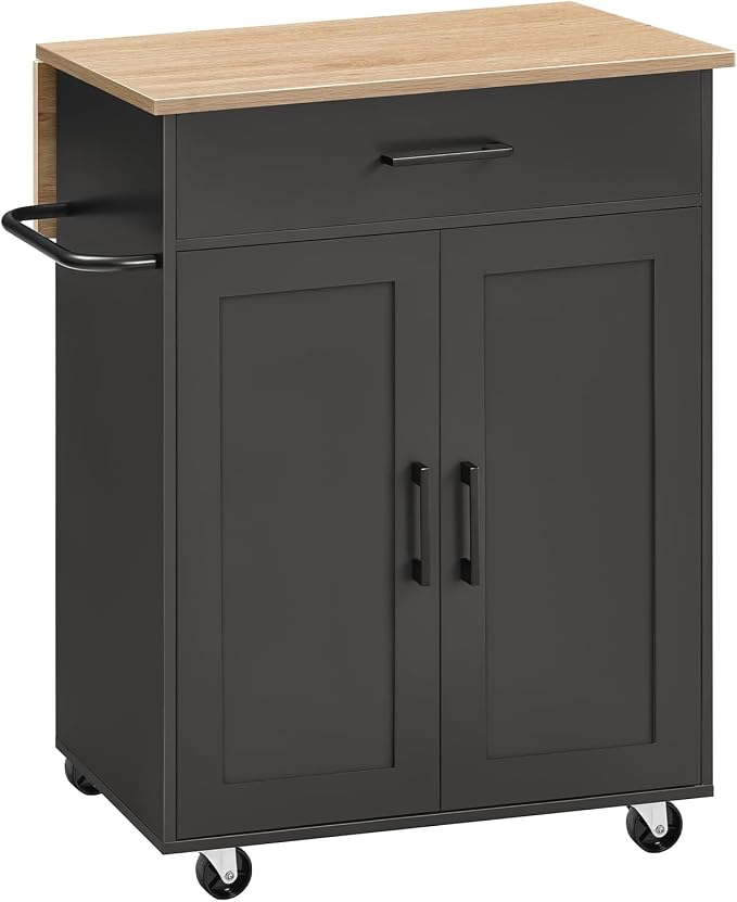 MAHANCRIS Kitchen Island on Wheels with Drop Leaf, Folding Countertop Kitchen Island Cart, Kitchen Islands Table with Towel Rack, Drawer, for Kitchen, Dining Room, Black and Natural KINB12501 - Image 9