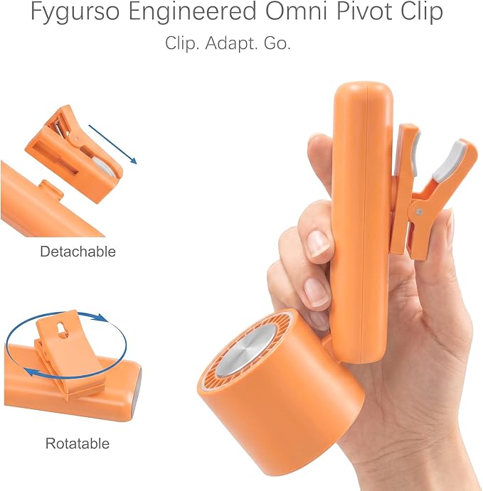 fygurso Personal Portable Clip-on Handheld Fan Rechargeable, Orange | Neck-Crossbody fit lanyard. Detachable clip. 10H battery. LED monitor. 5-Speed from 30dB low noise to 10000rpm blast. - Image 3