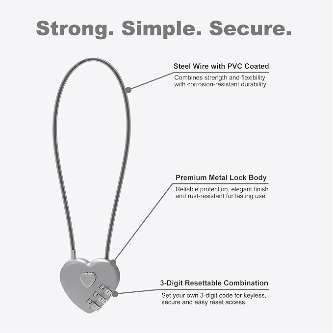 Combination Lock with Cable, Combo Lock with Code, Small Cable Padlock Combination for Travel Essentials, Luggage, Bike Motorcycle Helmet, Outdoor Fence Gate, Cabinet, Refrigerator Door - Image 4
