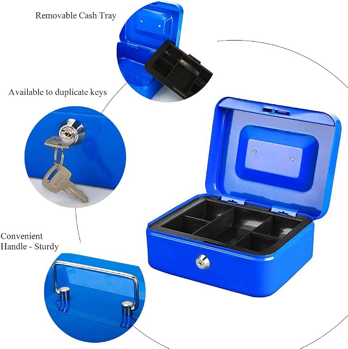 Jssmst Locking Medium Steel Cash Box with Money Tray,Lock Box,Blue - Image 3