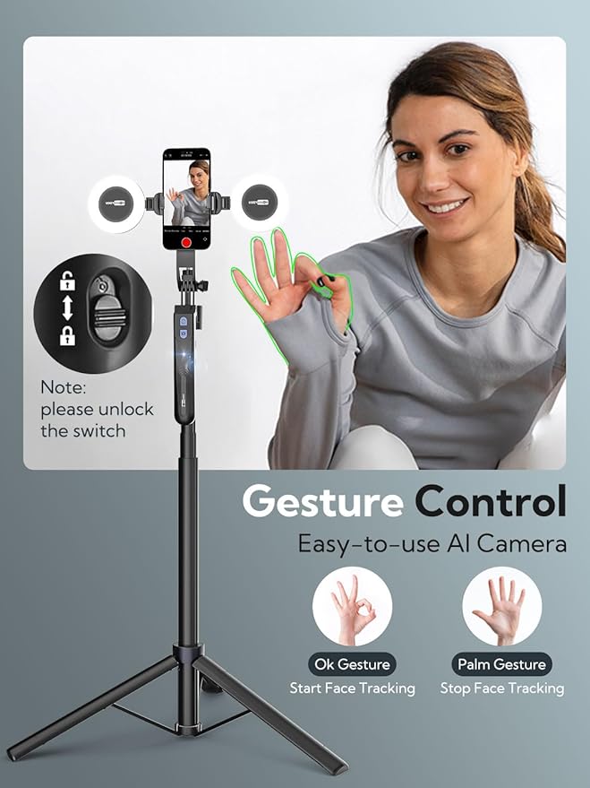 70.9" Auto Face Tracking Tripod 360° Rotation w/Light(UTK-02) | Phone Tripod for iPhone & Android,No App Needed,w/ Remote Control,Gesture Control,LED Light,1/4"Screw Mount,Video Recording - Image 3