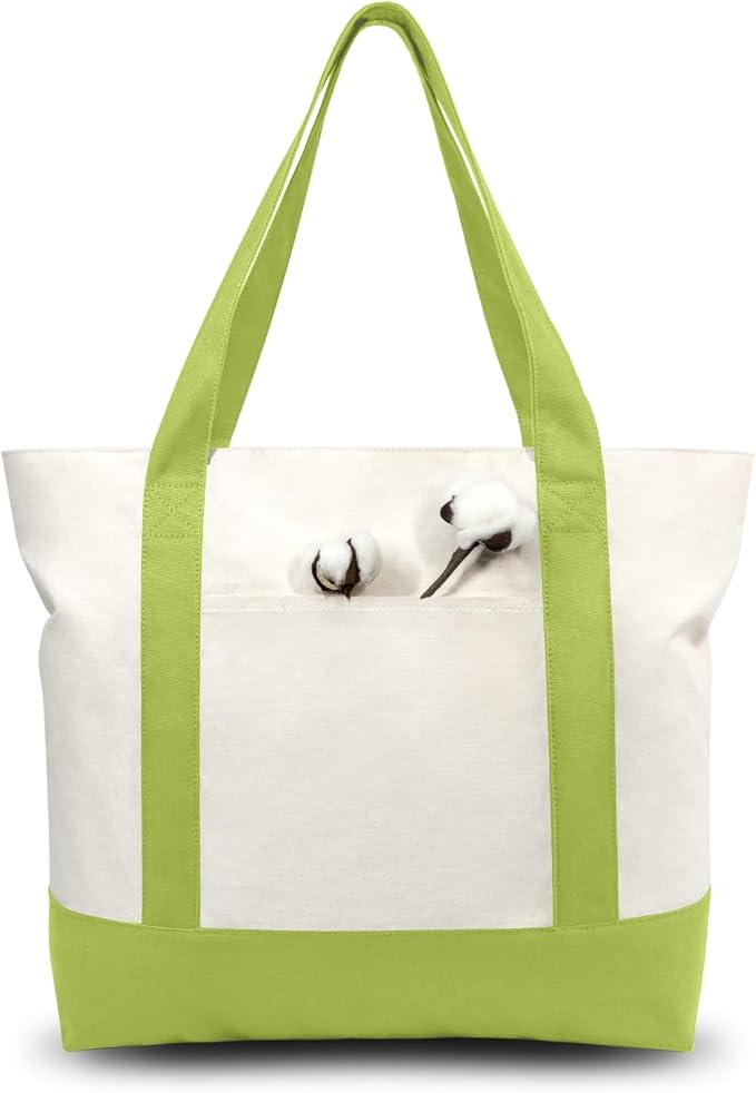 TOPDesign 6-Pack Canvas Tote Bags with an External Pocket, Reusable Grocery Shopping Bags, Top Zipper Closure, Daily Essentials (Light Green/Natural) by TOPDesign