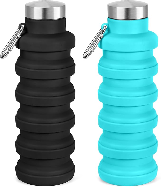 Collapsible Water Bottle, 16oz Portable Reusable Silicone Water Bottle with Carabiner for Gym, Travel, Camping, Hiking, Sports, Lightweight, BPA-Free, Leak-Proof, Foldable Design(Black+Blue) by HOME