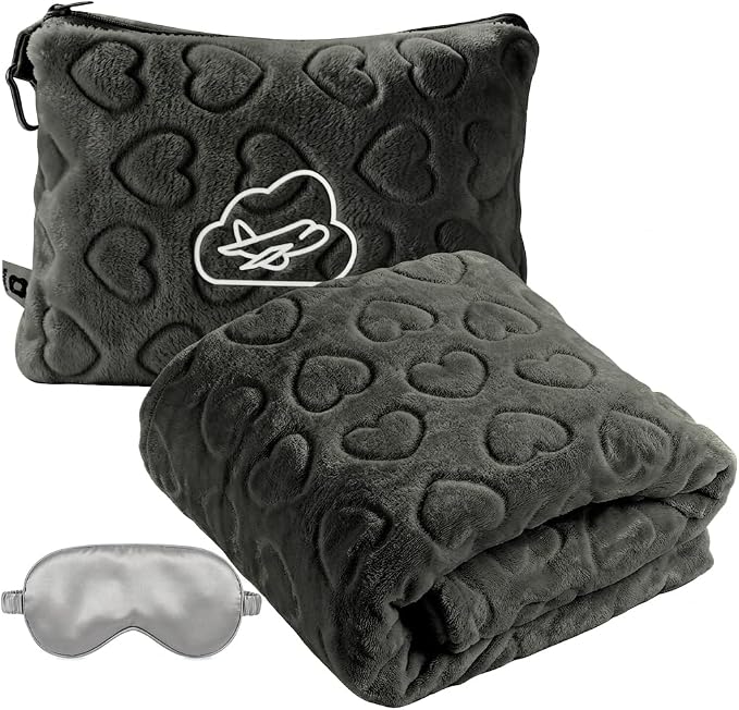 Travel Blanket, Airplane Blanket, Ultra-Soft, Warm & Lightweight, 65x40 in, Outdoor Blanket Essentials for Women, Men & Kids, Included Eye Mask, Luggage Sleeve & Backpack Clip Heart Grey by ENZOLVE