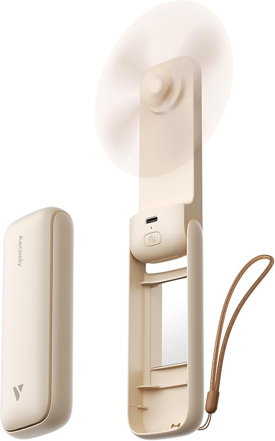 Aecooly Slim Portable Fan with Mirror, Thin Handheld Fan, USB Rechargeable | Mini Personal [24H Max Cooling Time], Battery Powered Small Foldable Pocket for Travel, Lash, Makeup, Gifts for Women -Beige by Aecooly