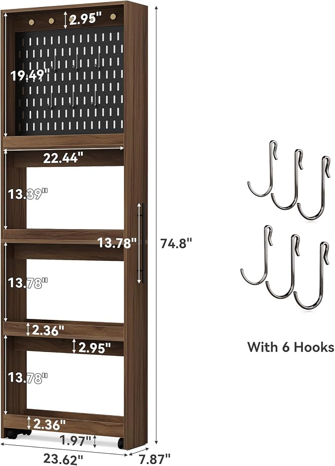 Extra Tall Slim Storage Cart Next to Fridge, Rolling Utility Cart on Wheels | with Metal Pegboard with Pegs, 4-Tier Mobile Shelf Organizer for Narrow Gaps - Image 2