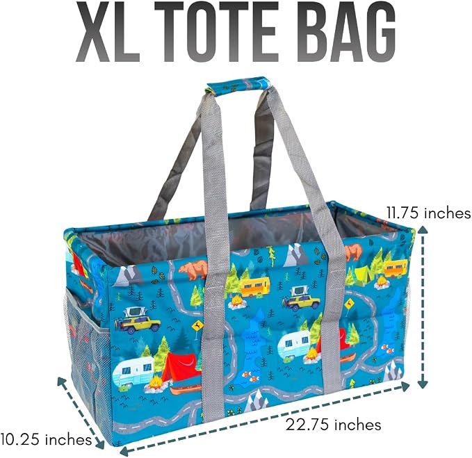 Extra Large Utility Tote Bag - Oversized Collapsible Reusable Wire Frame Rectangular Canvas Basket With Two Exterior Pockets For Beach, Pool, Laundry, Car Trunk, Storage - Camping - Image 4