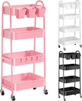 4 Tier Rolling Cart Metal with Lockable Wheels, Four Tiered Utility Carts | Pink Storage Organizer Trolley Cart on Wheels for Bathroom, Kitchen, Art, Craft, Baby Diaper Caddy, Snack, Makeup, Nail, Lash by Recximi