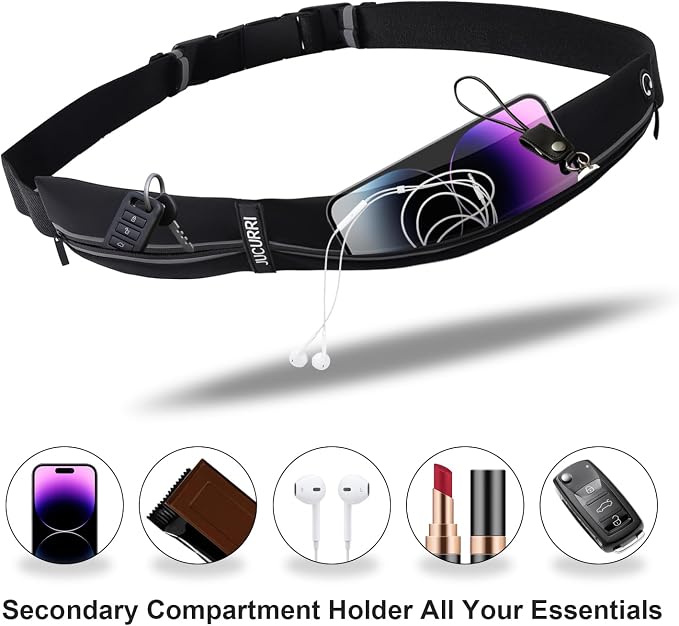 Slim Running Belt for Women and Men, Waterproof Phone Holder for Running, Reflective 2-Pocket Waist Pack for Storing Runner’s Essentials Safely, Runner’s Fanny Pack, Money Belt Fits Most Phones(Black) - Image 4
