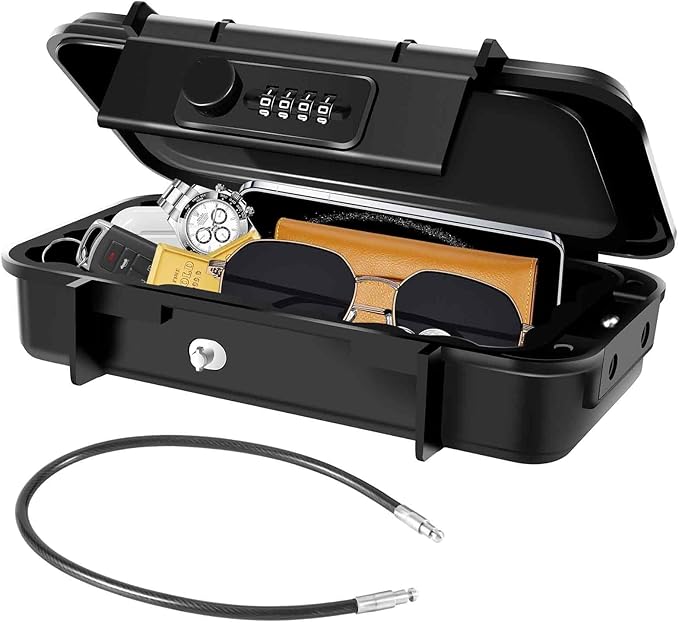 Portable Lock Box, 4-Digit Combination Safe Boxes with Detachable Cable, Anti-Theft Security Lockbox Outdoor, Small Resettable Personal Password Cash Case for Travel, Hotel, Dorm, Beach, Gym by GIVERARE